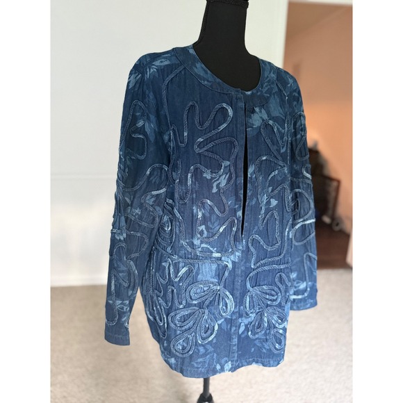Denim Jacket Blazer Floral Applique Open‎ Front Plus Size 1X Liz & Me unique - Picture 1 of 8
